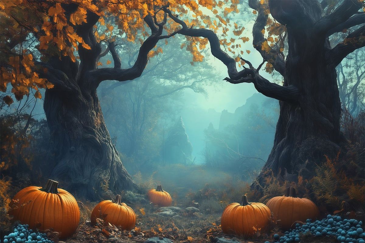 Halloween-Party-Fotohintergrund-IdeenNebeliger Kürbiswaldweg Gruseliger Halloween-Hintergrund RR67-95