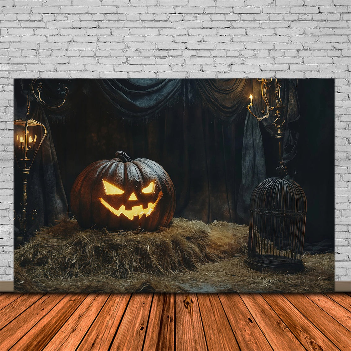 Halloween-KulisseLeuchtender Kürbis Heu-Dekoration Hintergrund Für Halloween RR67-96