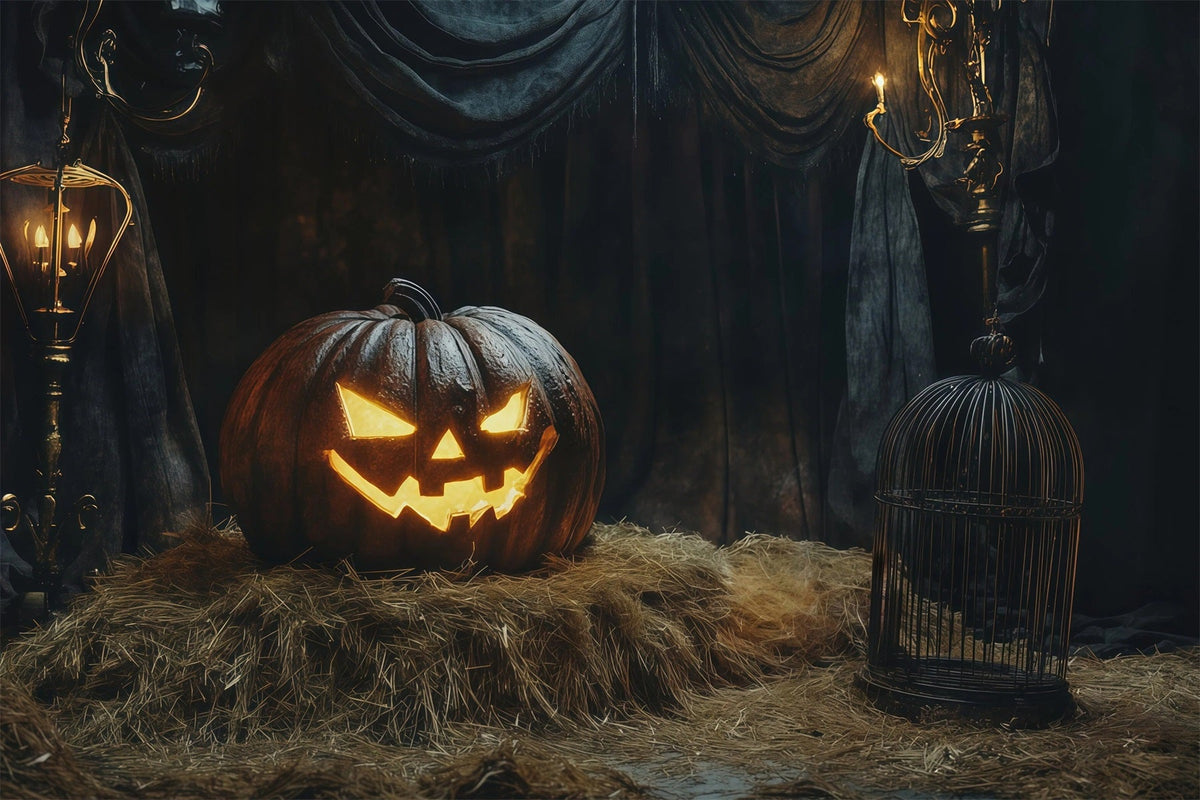 Halloween-KulisseLeuchtender Kürbis Heu-Dekoration Hintergrund Für Halloween RR67-96