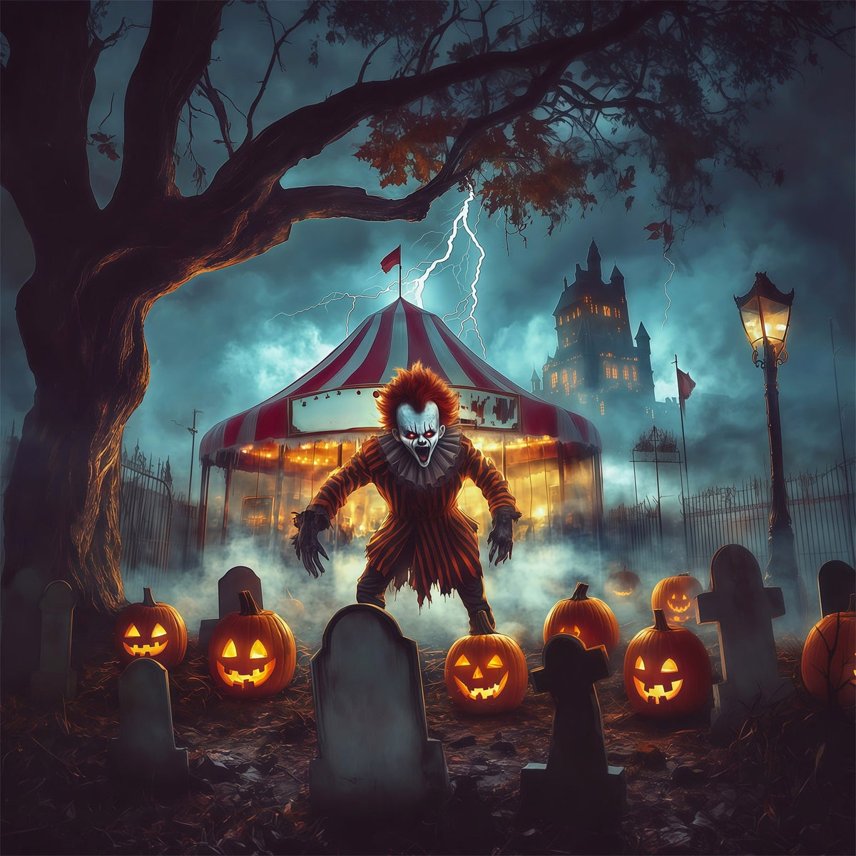 Halloween-Clown-Hintergrund Gruseliger Zirkusfriedhof-Kürbis-Halloween-Stoffhintergrund RR67-99