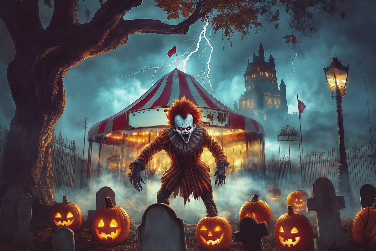Halloween-Clown-Hintergrund Gruseliger Zirkusfriedhof-Kürbis-Halloween-Stoffhintergrund RR67-99