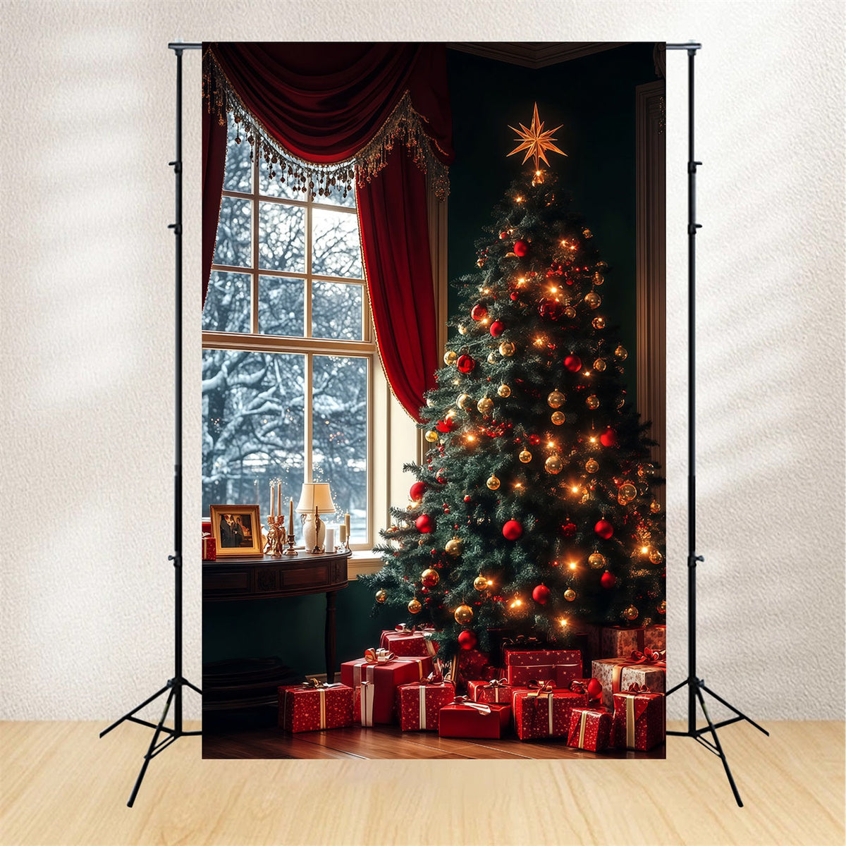 Weihnachtsbaum-Fotohintergrund Immergrüner Baum, Fensterleuchten Weihnachtskulisse RR68-61