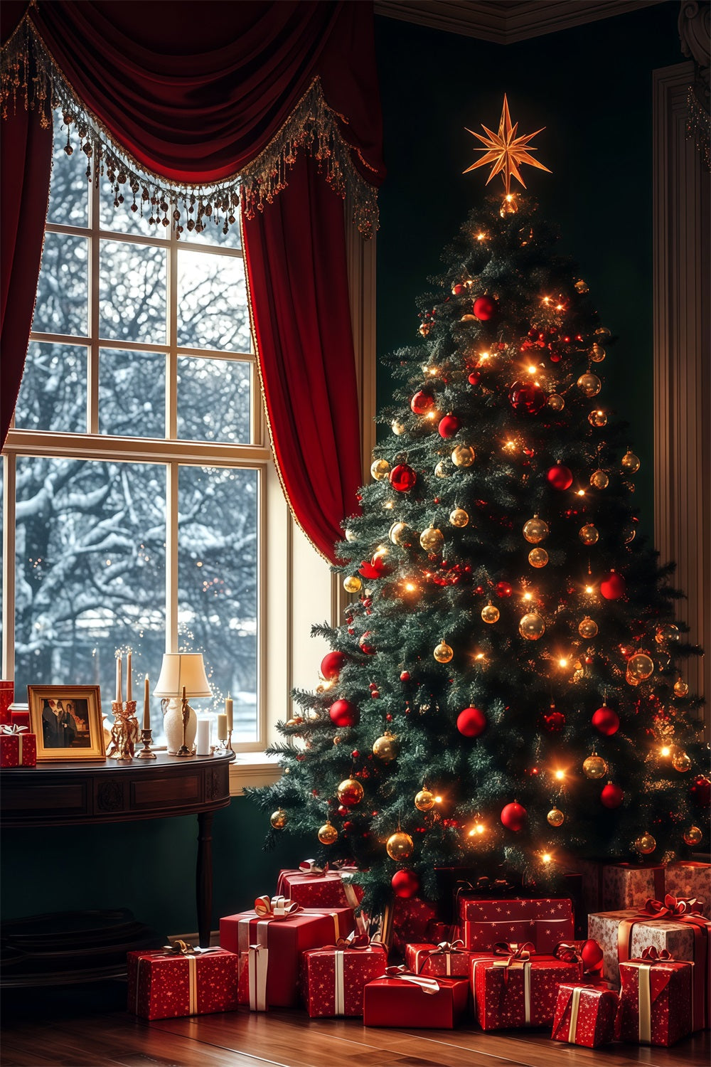 Weihnachtsbaum-Fotohintergrund Immergrüner Baum, Fensterleuchten Weihnachtskulisse RR68-61
