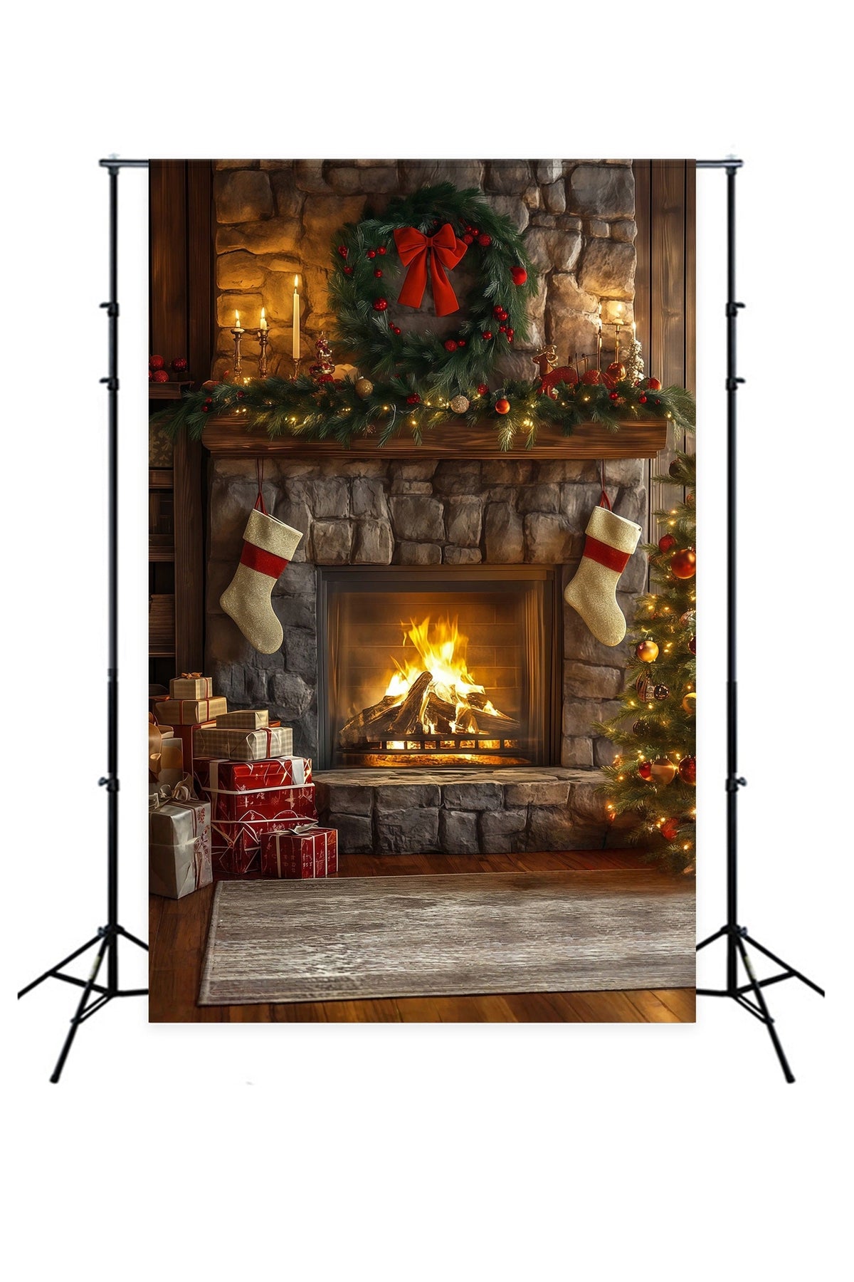 Weihnachtskamin-Hintergrund Steinkamin-Girlanden-Dekoration Weihnachtskulissen RR68-62