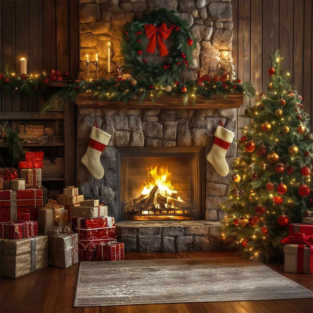 Weihnachtskamin-Hintergrund Steinkamin-Girlanden-Dekoration Weihnachtskulissen RR68-62