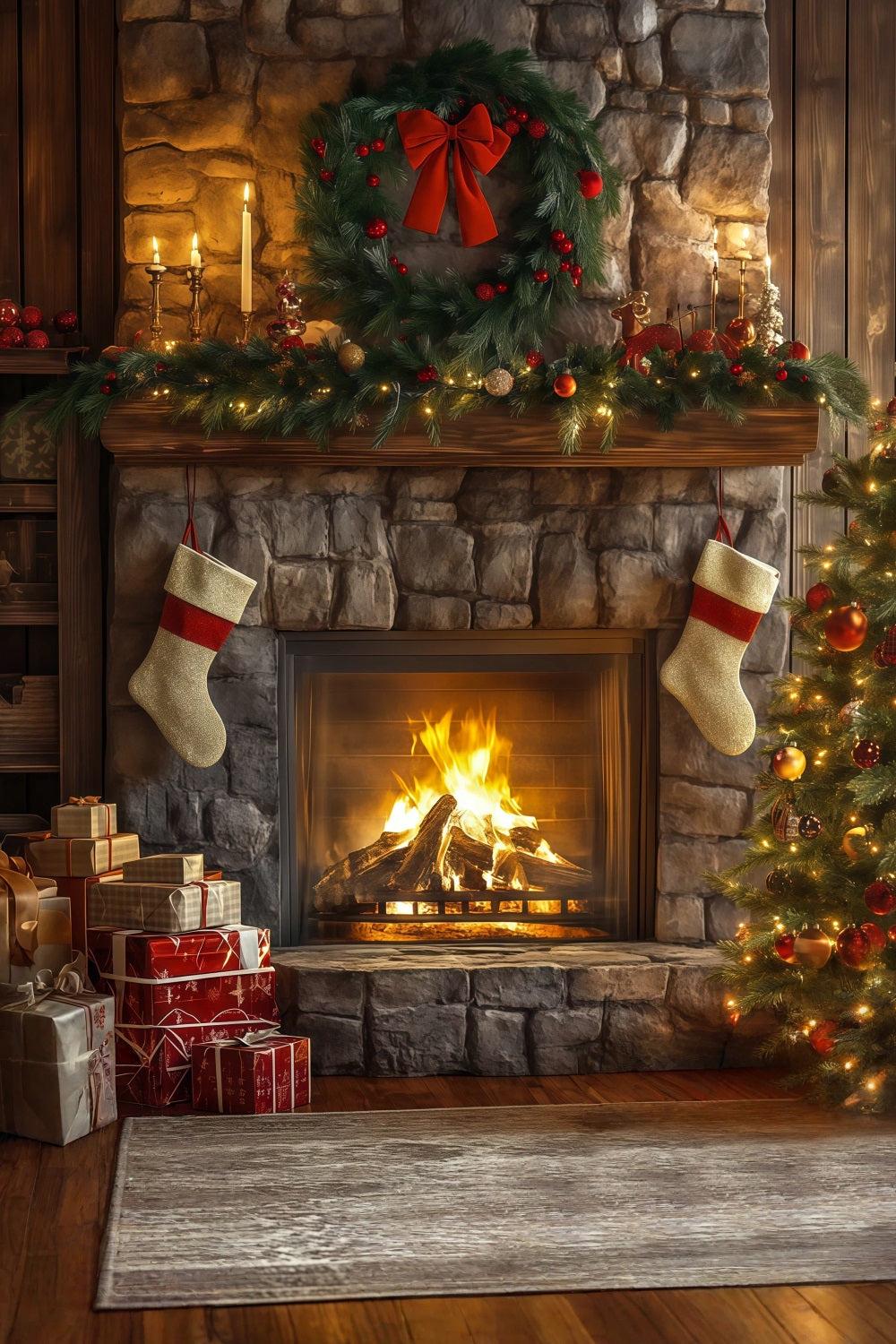 Weihnachtskamin-Hintergrund Steinkamin-Girlanden-Dekoration Weihnachtskulissen RR68-62