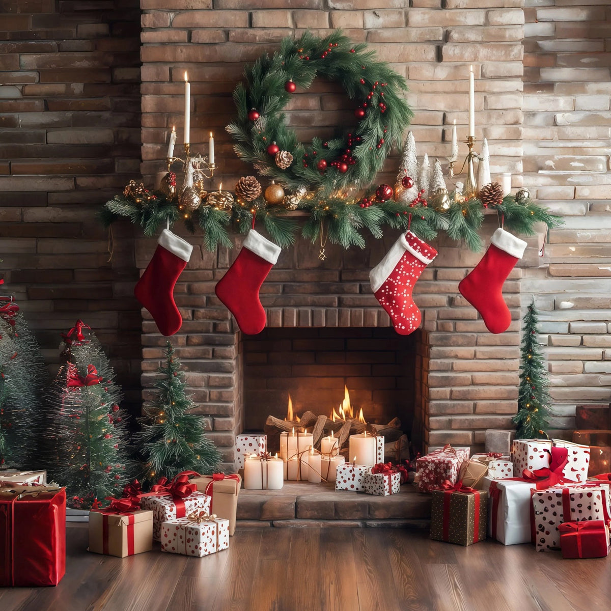Kamin-Hintergrund Weihnachten Ziegelstein-Strümpfe-Display Weihnachtsfotohintergrund RR68-63