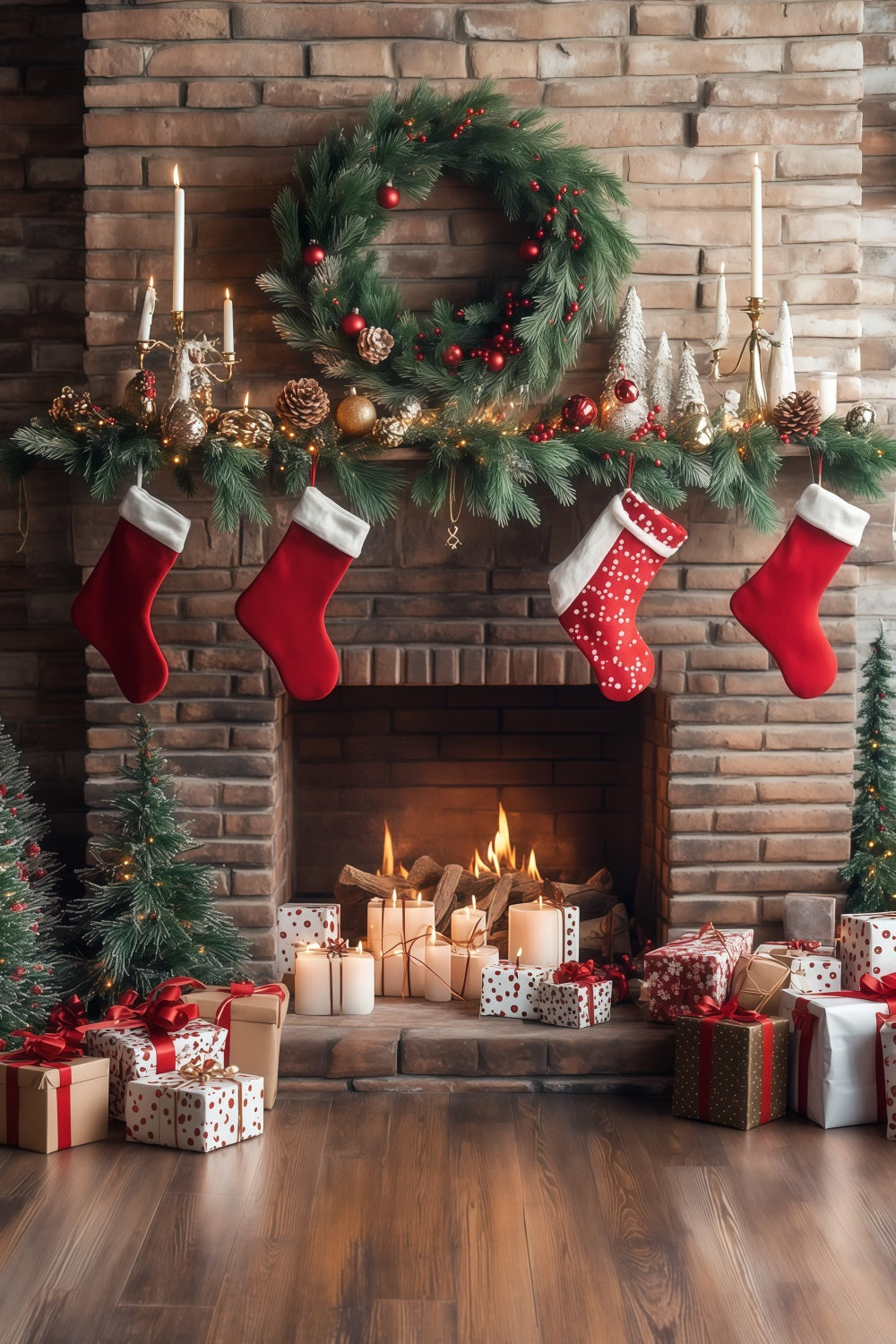 Kamin-Hintergrund Weihnachten Ziegelstein-Strümpfe-Display Weihnachtsfotohintergrund RR68-63