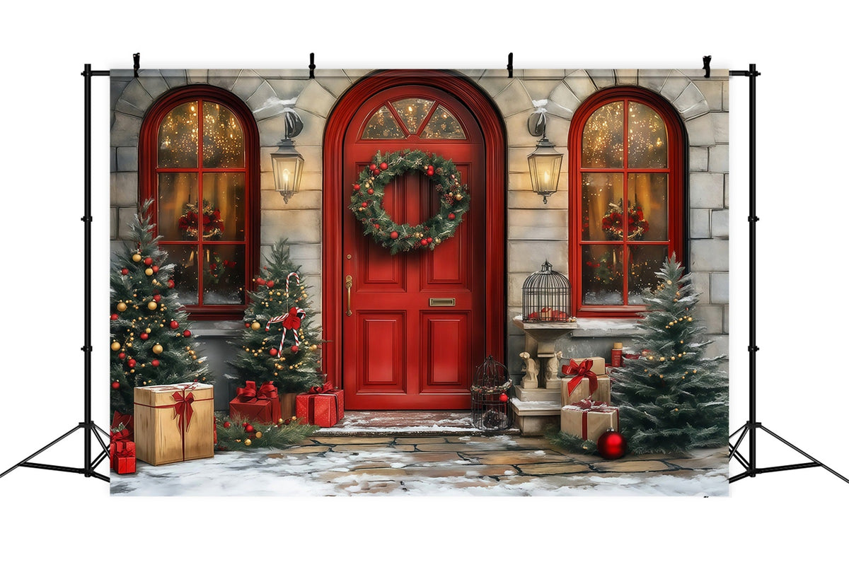 Weihnachtstür-Hintergrund Roter Türkranz Am Eingang Weihnachts-Fotohintergründe RR68-64