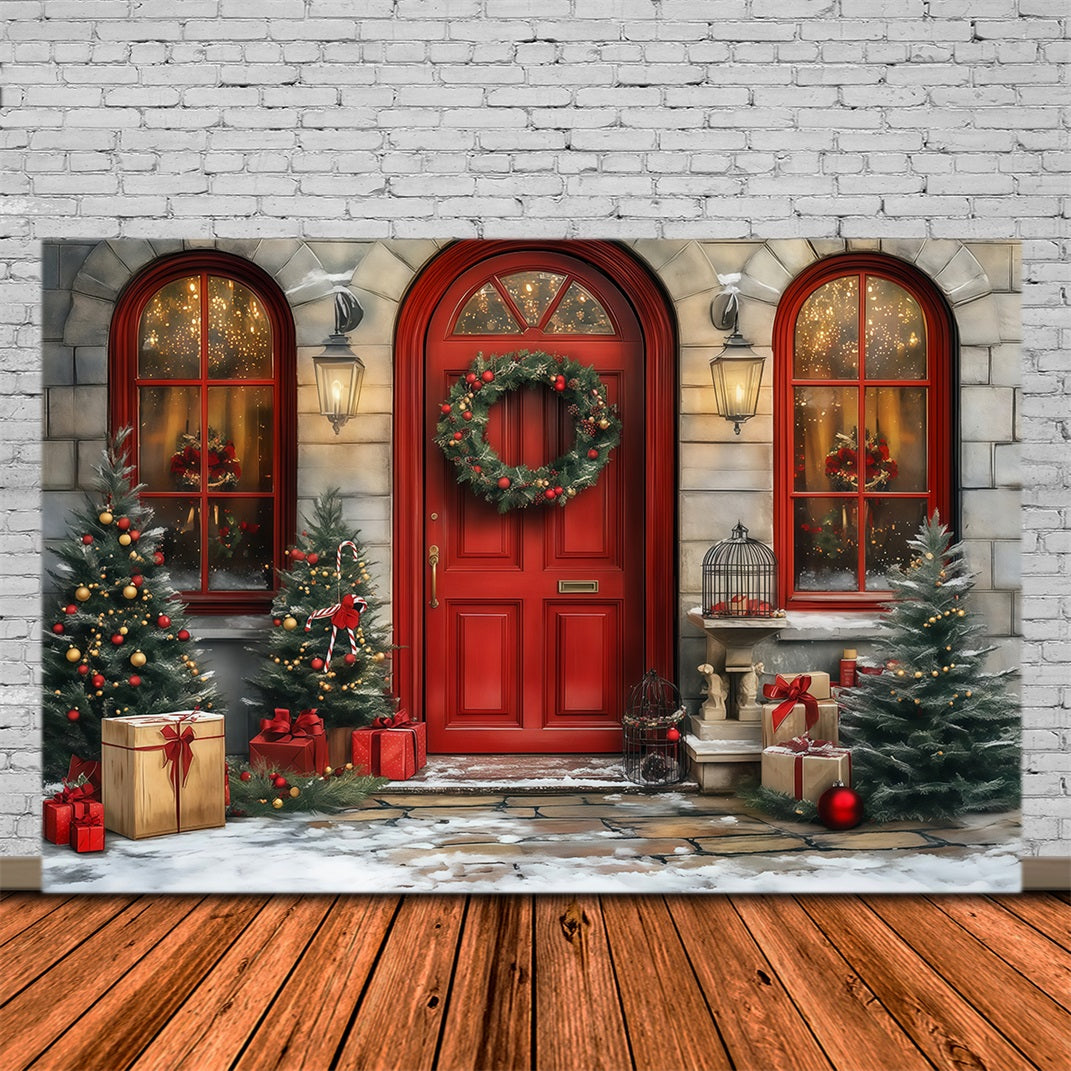 Weihnachtstür-Hintergrund Roter Türkranz Am Eingang Weihnachts-Fotohintergründe RR68-64
