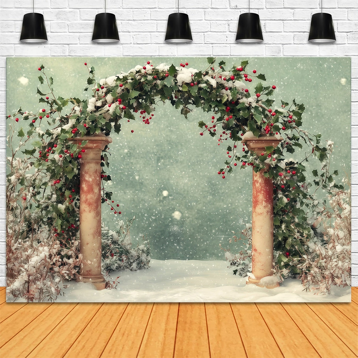 Verschneite Weihnachtskulisse Winterlicher Schnee-Stechpalmenbogen Weihnachtshintergrund RR68-65