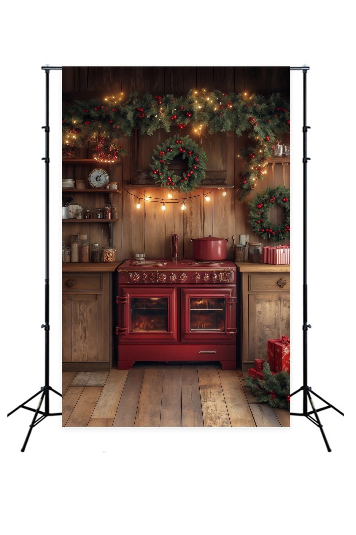 Weihnachtsküchen-Hintergrund Immergrüne Girlandendekoration Weihnachts-Fotografie-Hintergründe RR68-68