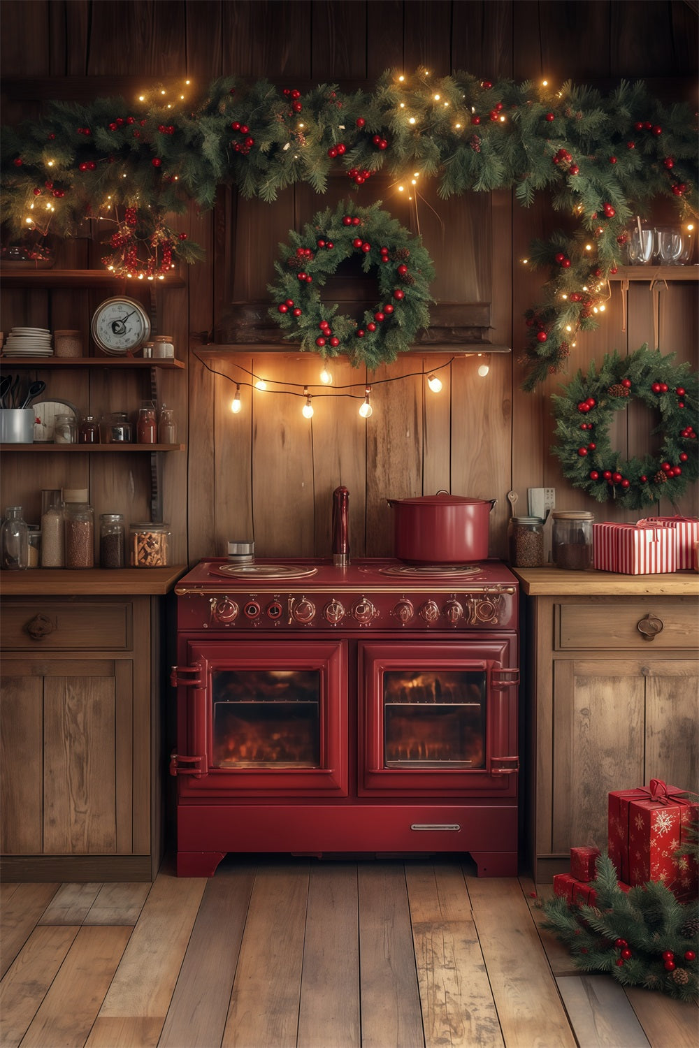 Weihnachtsküchen-Hintergrund Immergrüne Girlandendekoration Weihnachts-Fotografie-Hintergründe RR68-68
