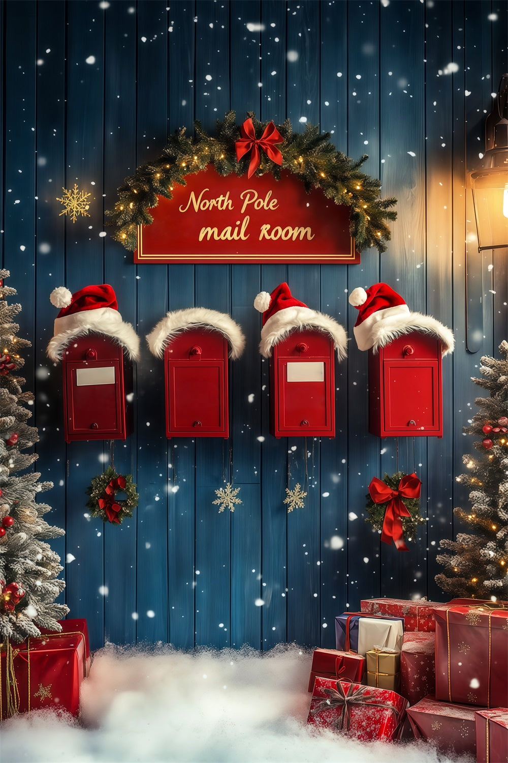 Weihnachtskulisse Nordpol Schneebedeckte Briefkastenwand Weihnachtsfotohintergrund RR68-69
