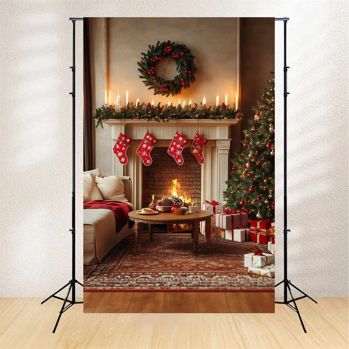Weihnachts-Wohnzimmer-Hintergrund Gemütliche Kaminstrümpfe Große Weihnachtskulissen RR68-70