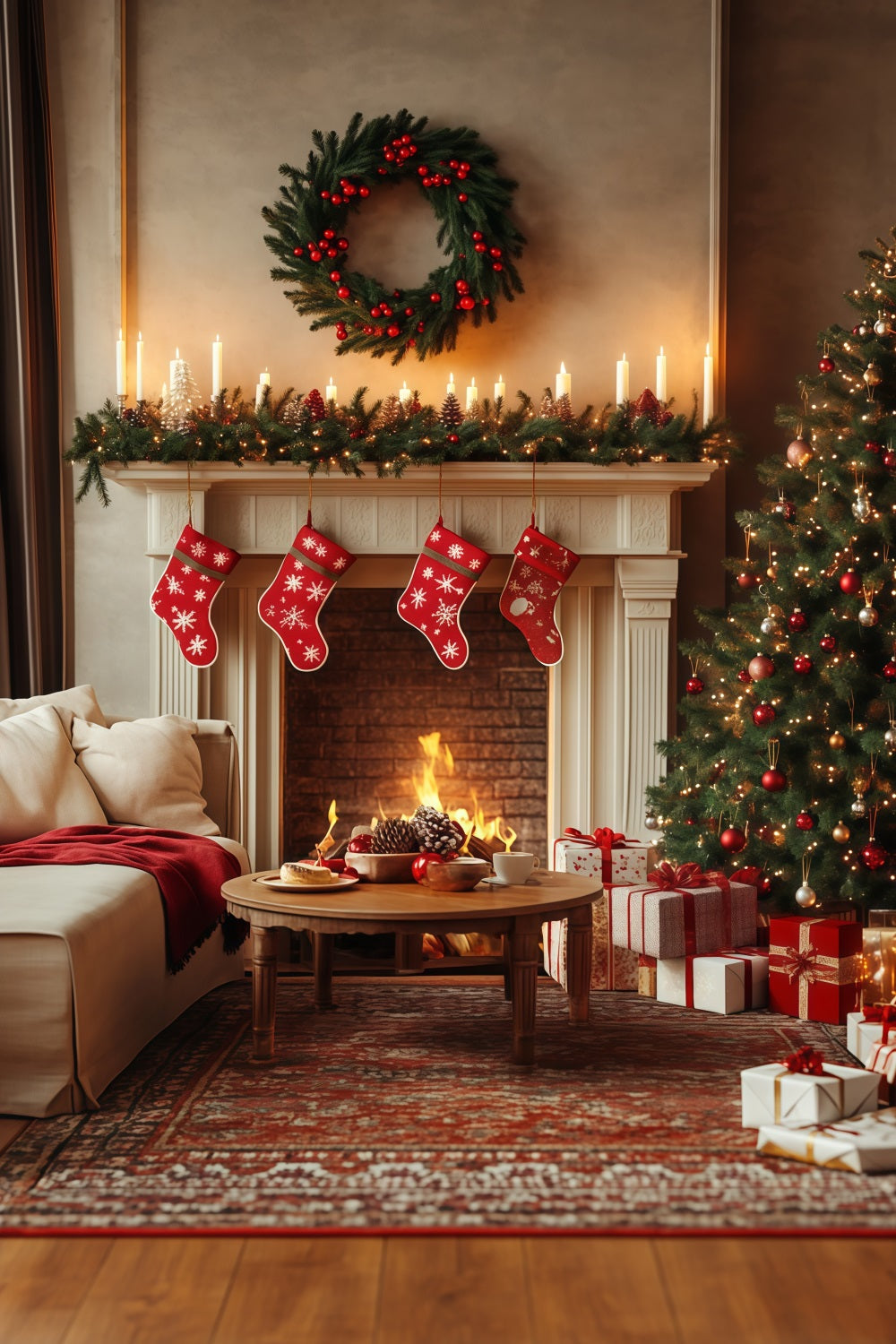 Weihnachts-Wohnzimmer-Hintergrund Gemütliche Kaminstrümpfe Große Weihnachtskulissen RR68-70