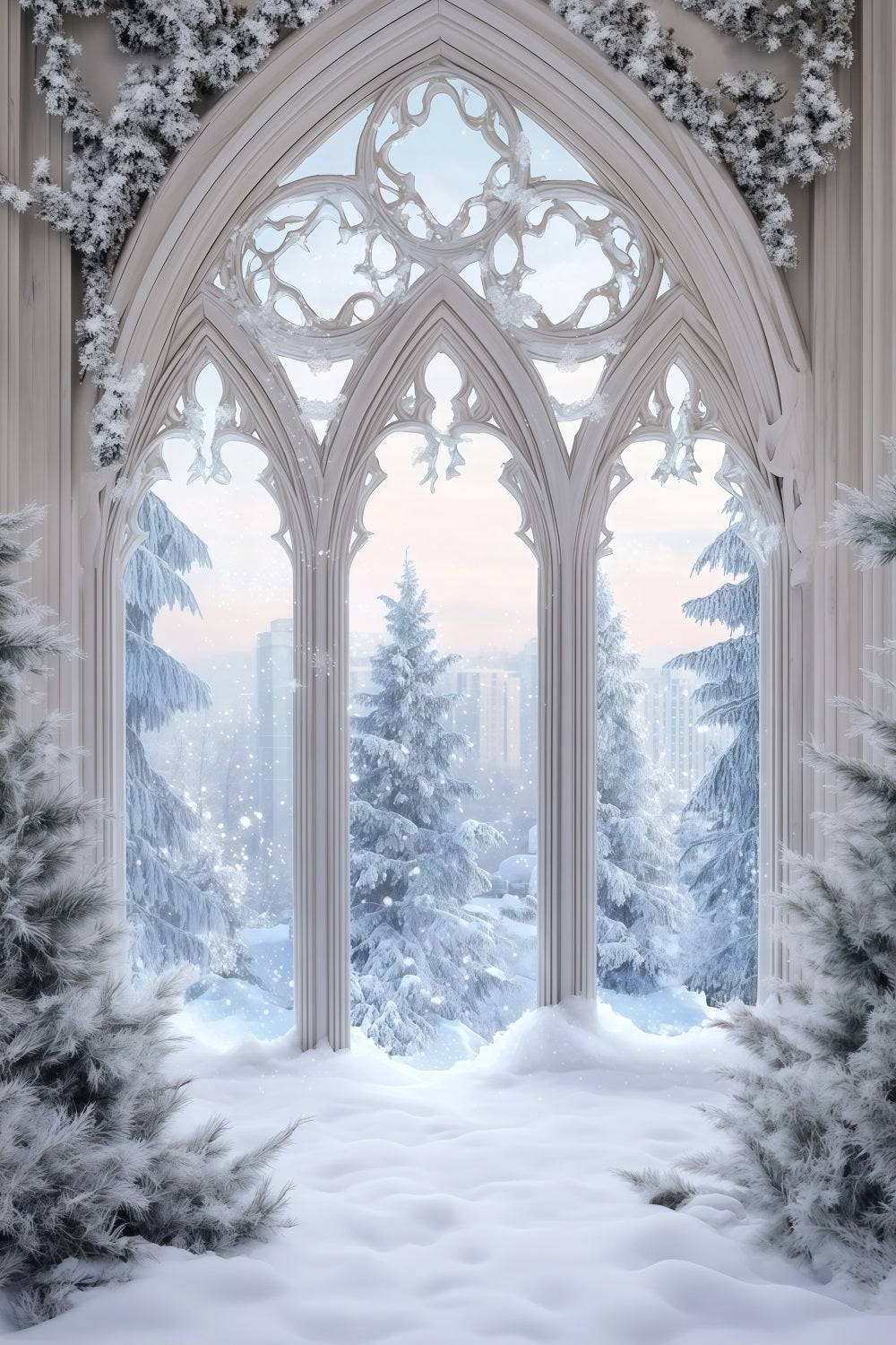 Weihnachtsschnee-Hintergrund Milchglasfenster Im Gotischen Stil Weihnachtsfotohintergrund RR68-71