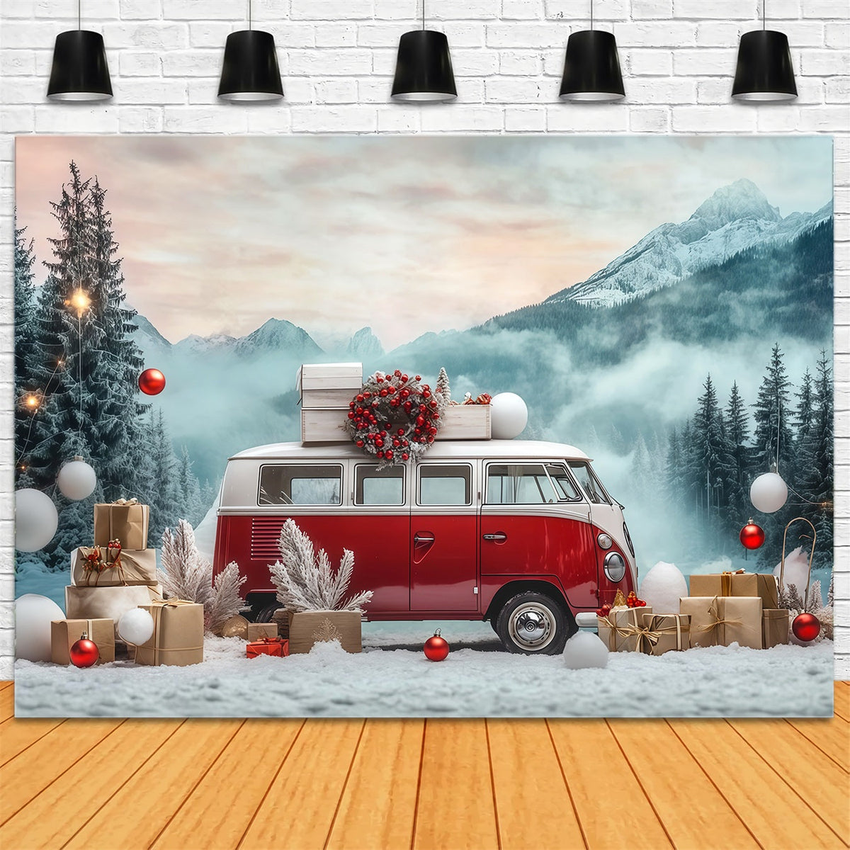 Weihnachtstruck-Hintergrund Verschneiter Vintage-Wohnwagen Große Weihnachtskulisse RR68-73