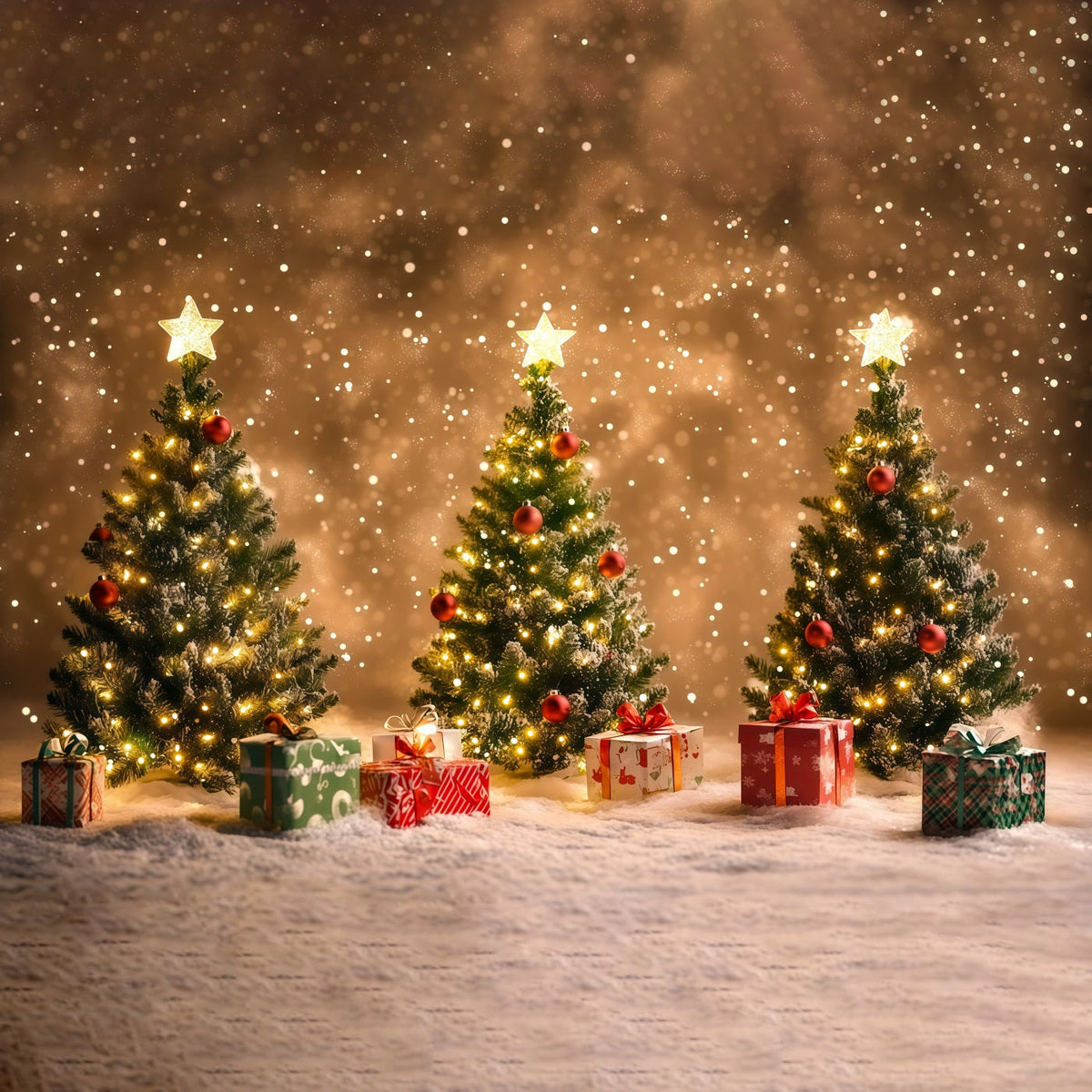 Weihnachtsbaum-Hintergrund Bokeh-Effekt: Verschneite, Leuchtende Bäume Weihnachtshintergründe RR68-74