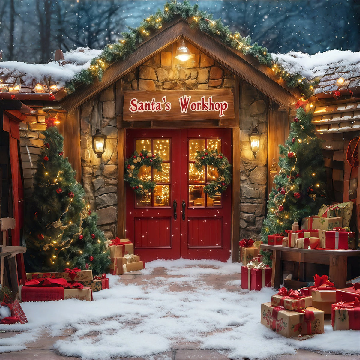 Weihnachtsladen-Hintergrund Eingang Zur Weihnachtswerkstatt Weihnachts-Fotografie-Hintergründe RR68-76