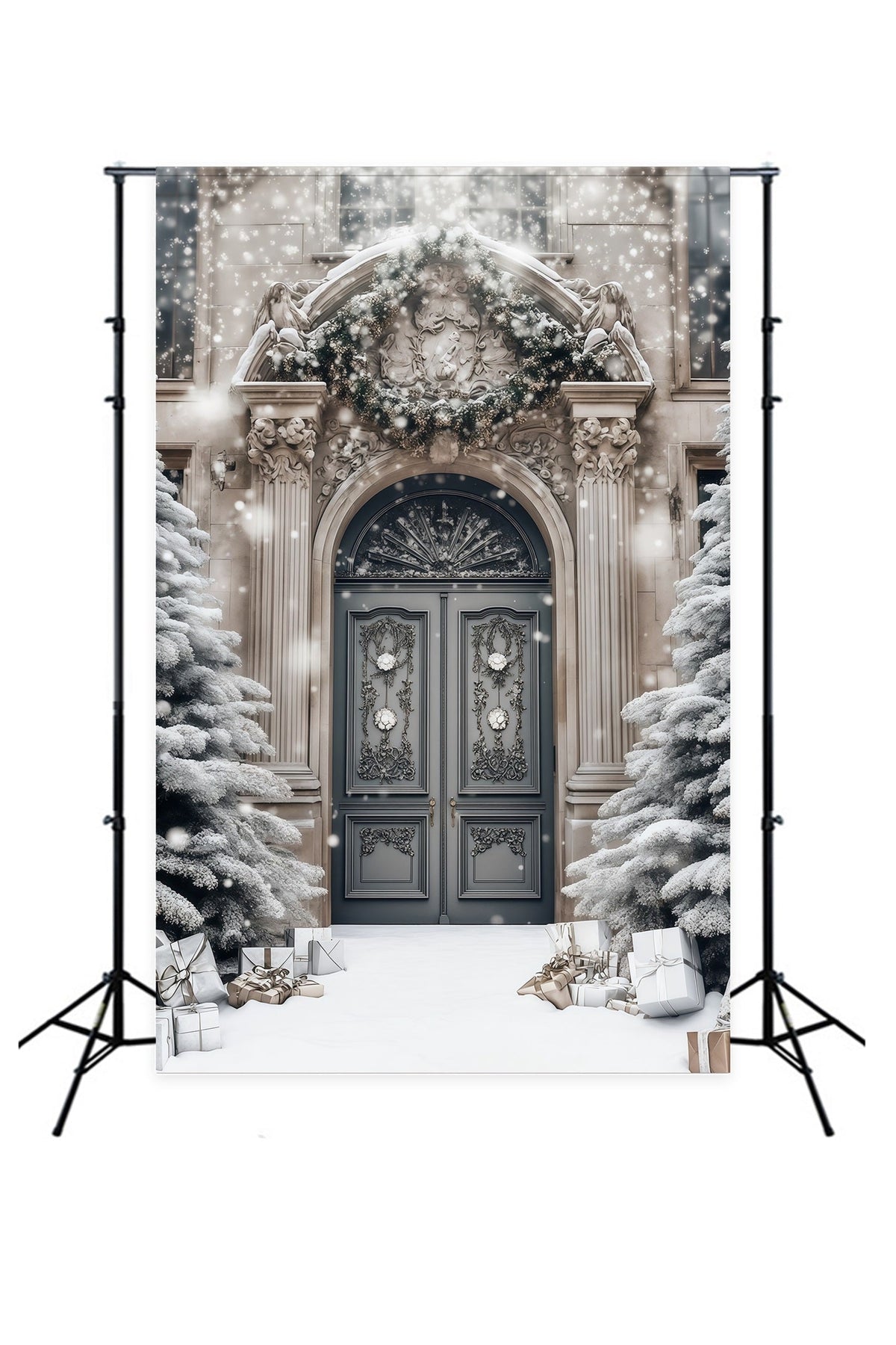 Elegante Weihnachtskulisse Türöffnung Des Verschneiten Herrenhauses Weihnachts-Fotohintergründe RR68-77