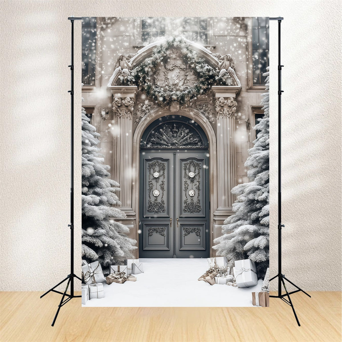 Elegante Weihnachtskulisse Türöffnung Des Verschneiten Herrenhauses Weihnachts-Fotohintergründe RR68-77
