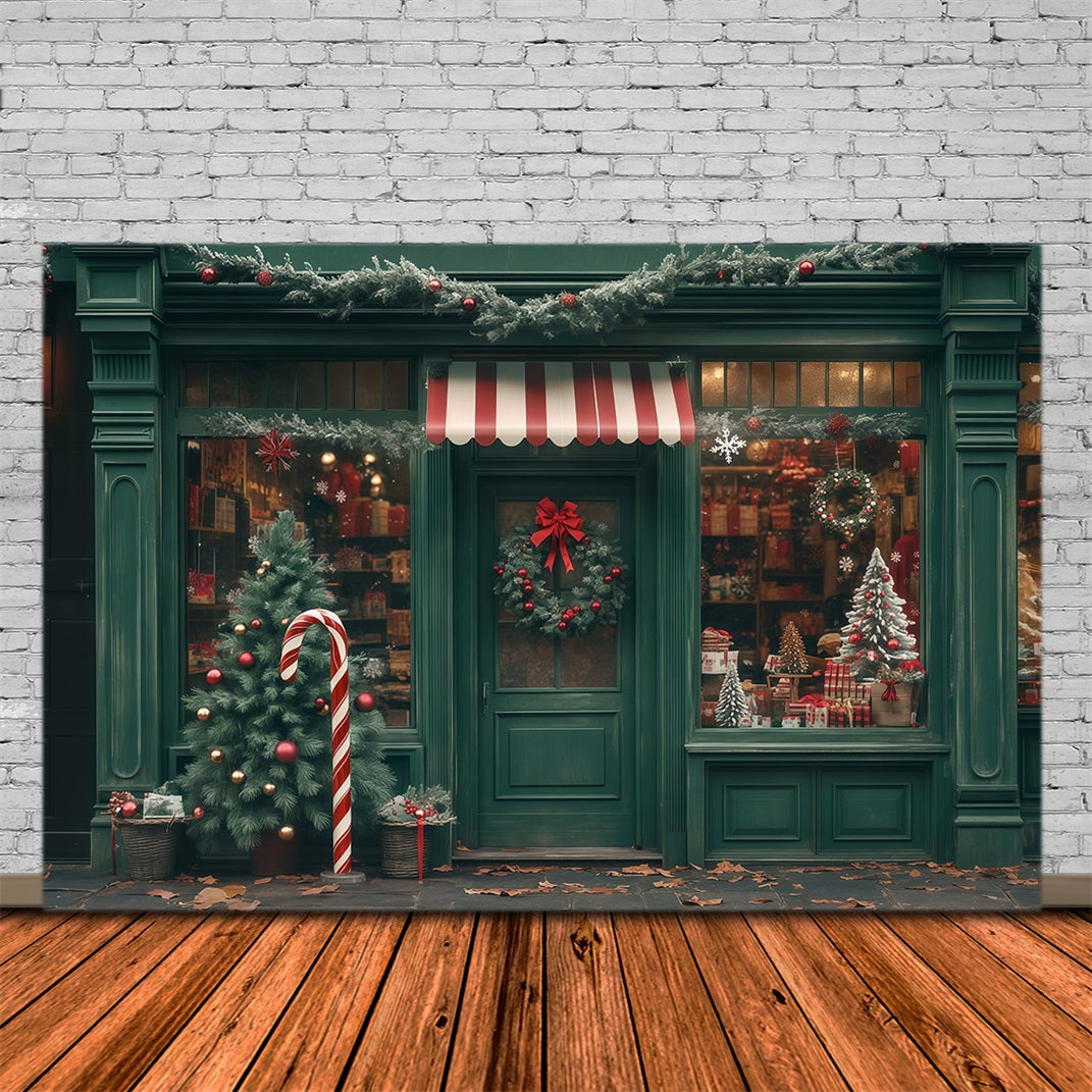 Weihnachtsladen-Hintergrund Grüne Schaufensterdekoration Weihnachtsfotohintergrund RR68-83
