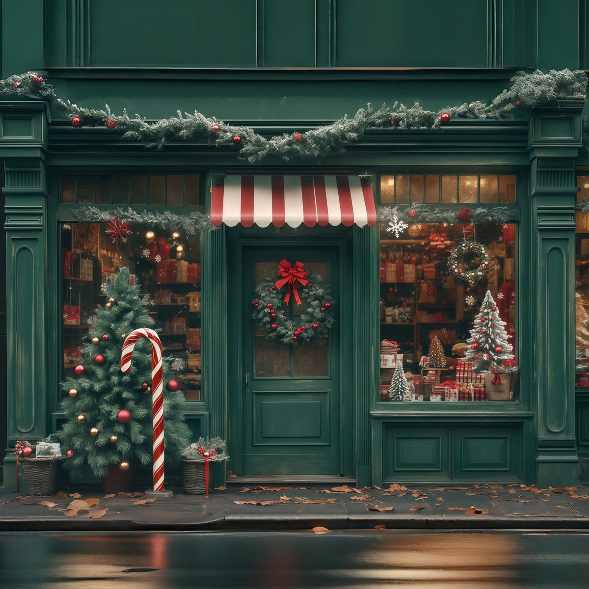 Weihnachtsladen-Hintergrund Grüne Schaufensterdekoration Weihnachtsfotohintergrund RR68-83