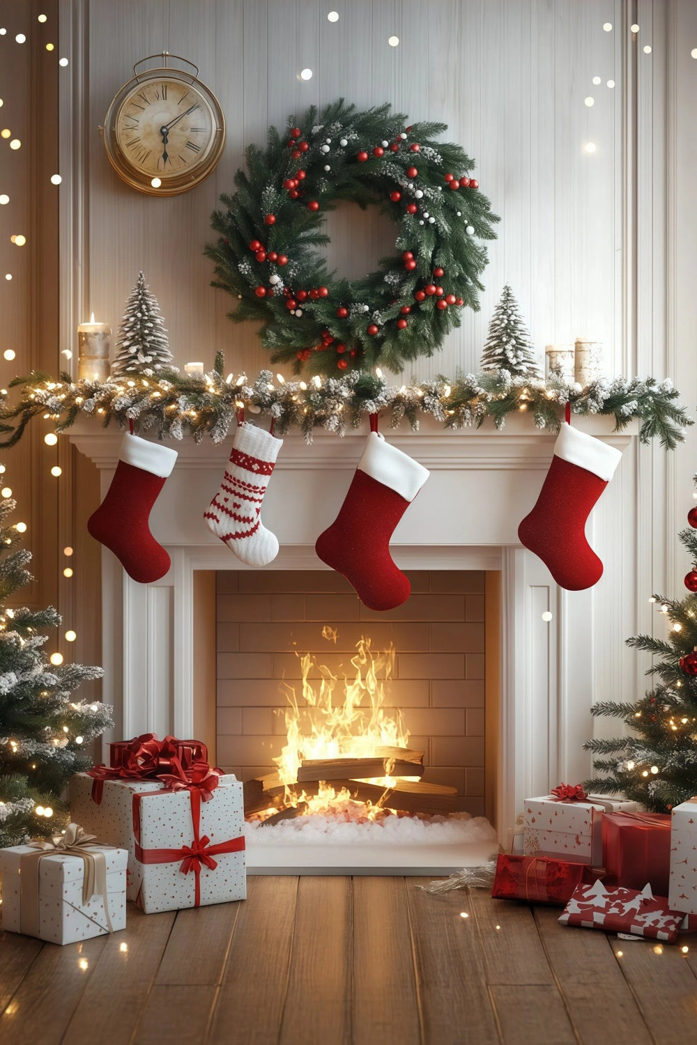 Weiße Weihnachtskulisse Gemütliche Kaminstrümpfe Weihnachts-Fotohintergründe RR68-84
