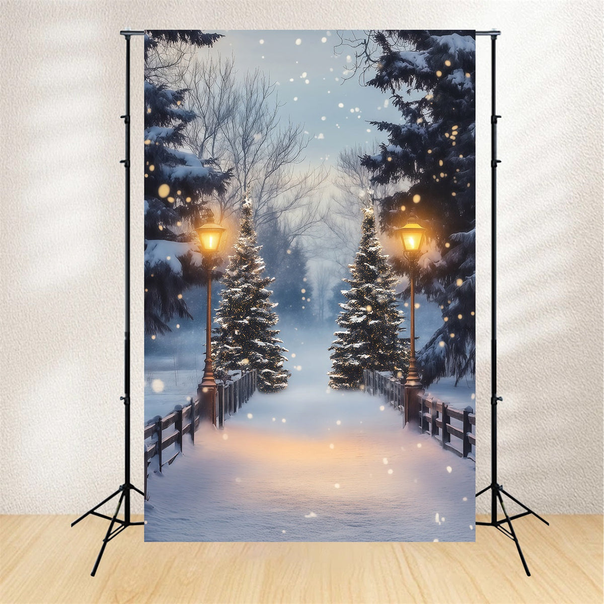 Weihnachtswald-Kulisse Schneebedeckte Kiefernlaternenbrücke Studio-Weihnachtskulisse RR68-86
