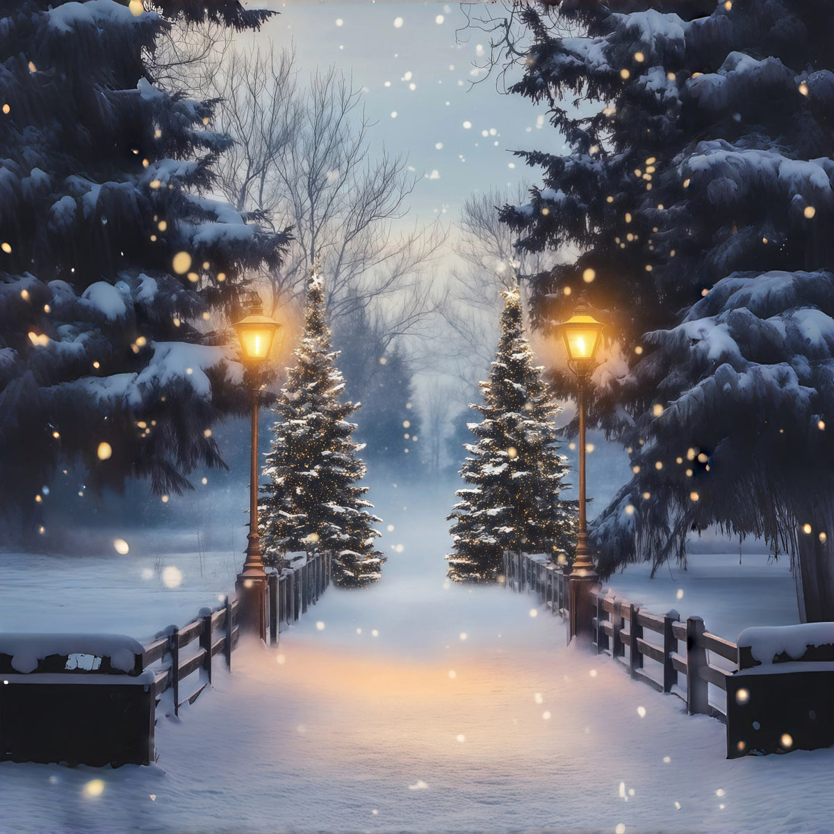 Weihnachtswald-Kulisse Schneebedeckte Kiefernlaternenbrücke Studio-Weihnachtskulisse RR68-86