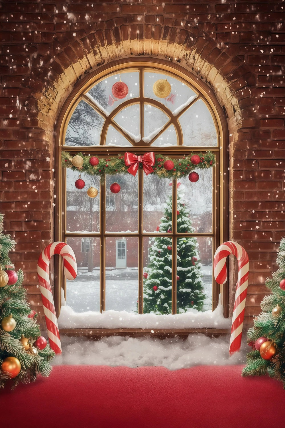 Weihnachtsfenster-Hintergrund Zuckerstangenbaum Aus Ziegelsteinen Weihnachtswand-Hintergrund RR68-88
