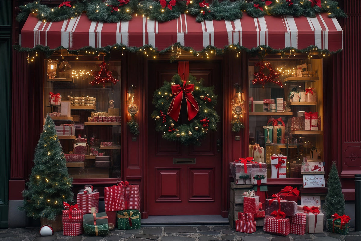 Weihnachtsladen-Hintergrund Red Wreath Geschenkladenfront Weihnachts-Musselin-Hintergrund RR68-89