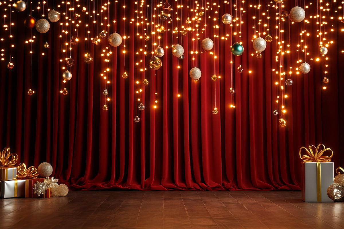Weihnachts-Bühnenhintergründe Goldener Kugelvorhang Leuchtet Weihnachtliche Indoor-Hintergrundkulisse RR68-90