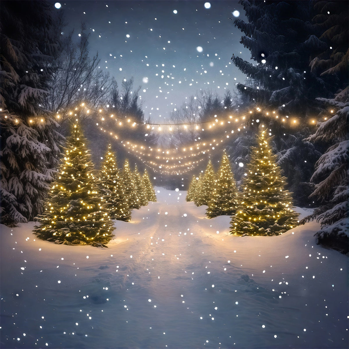 Weihnachtswunderland-Kulisse Lichtpfad Im Verschneiten Wald Weihnachtshintergründe Für Den Innenbereich RR68-91