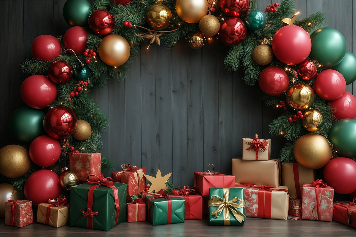 Weihnachtswand-Hintergrund Festlicher Geschenkbogen Aus Christbaumkugeln Weihnachtshintergrund Aus Musselin RR68-94