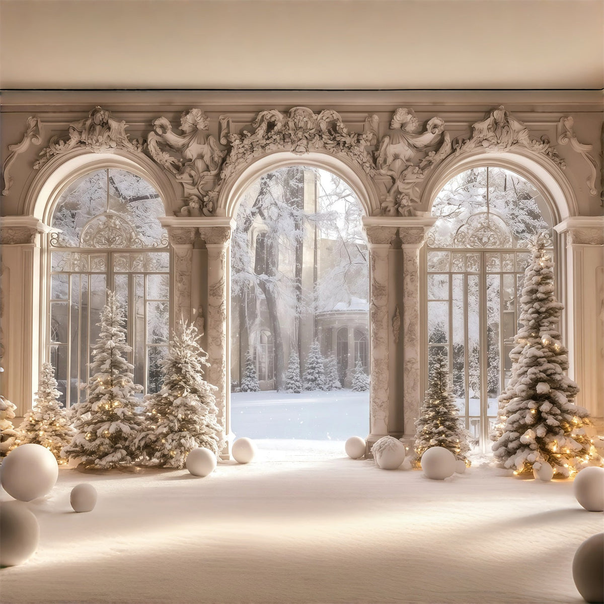 Viktorianische Weihnachtskulisse Blick Aus Dem Verschneiten Palastfenster Musselin-Hintergrund Weihnachten RR68-95
