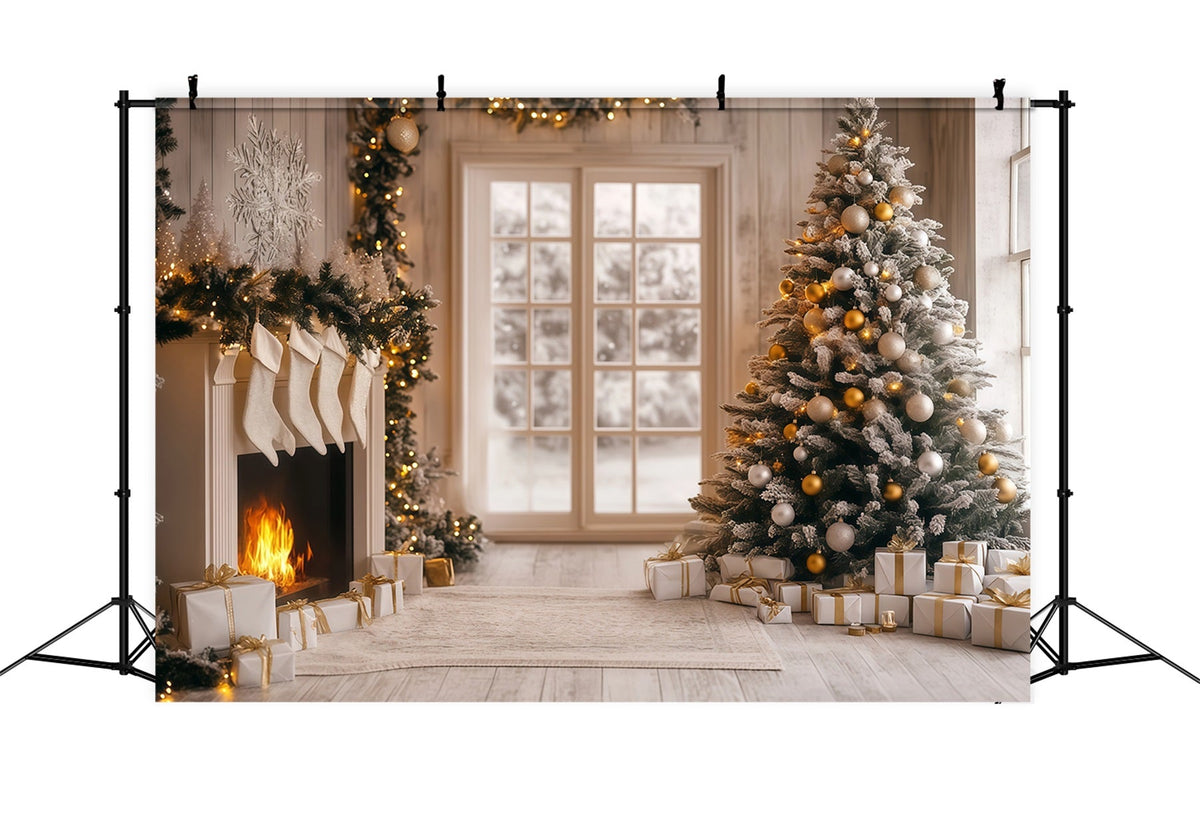 Moderne Weihnachtskulisse Weißgoldener Kaminglanz Weihnachts-Fotohintergründe RR68-96