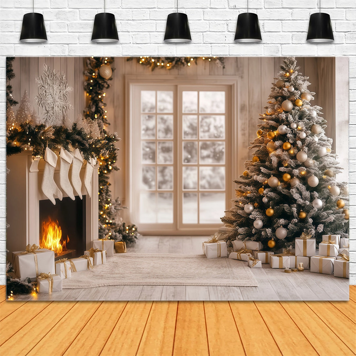 Moderne Weihnachtskulisse Weißgoldener Kaminglanz Weihnachts-Fotohintergründe RR68-96