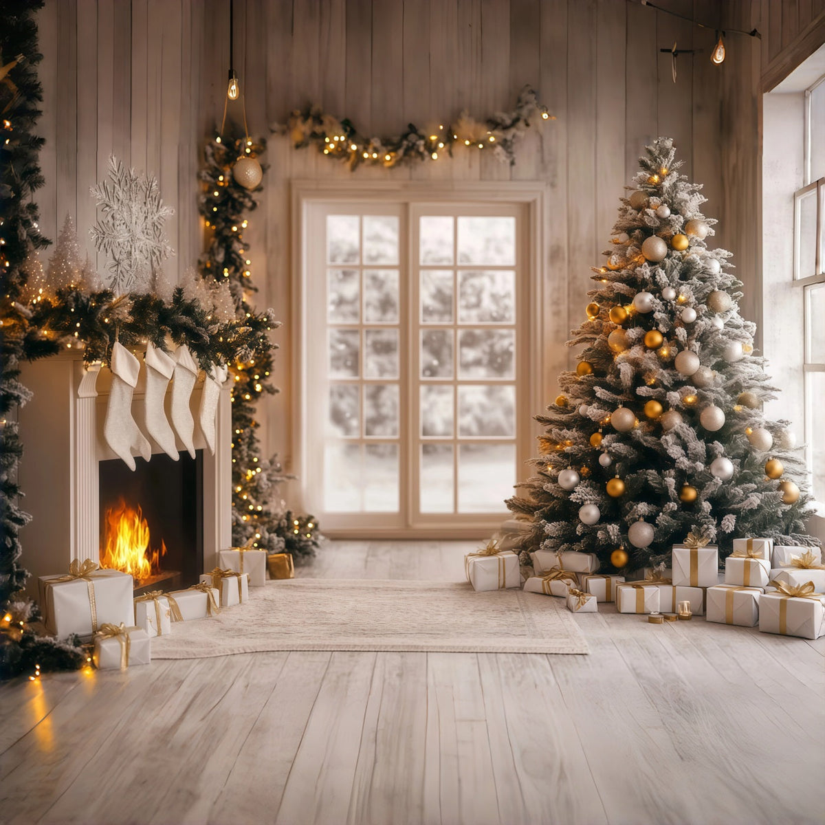 Moderne Weihnachtskulisse Weißgoldener Kaminglanz Weihnachts-Fotohintergründe RR68-96
