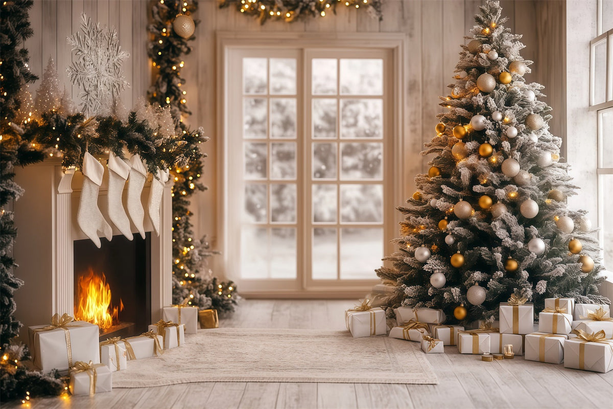 Moderne Weihnachtskulisse Weißgoldener Kaminglanz Weihnachts-Fotohintergründe RR68-96