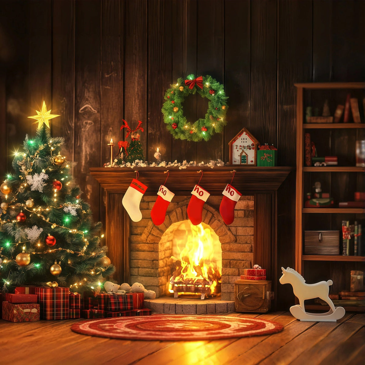 Weihnachtskamin-Hintergrund Gemütlicher Kamin-Strumpf-Glanz Weihnachtskulisse RR68-98