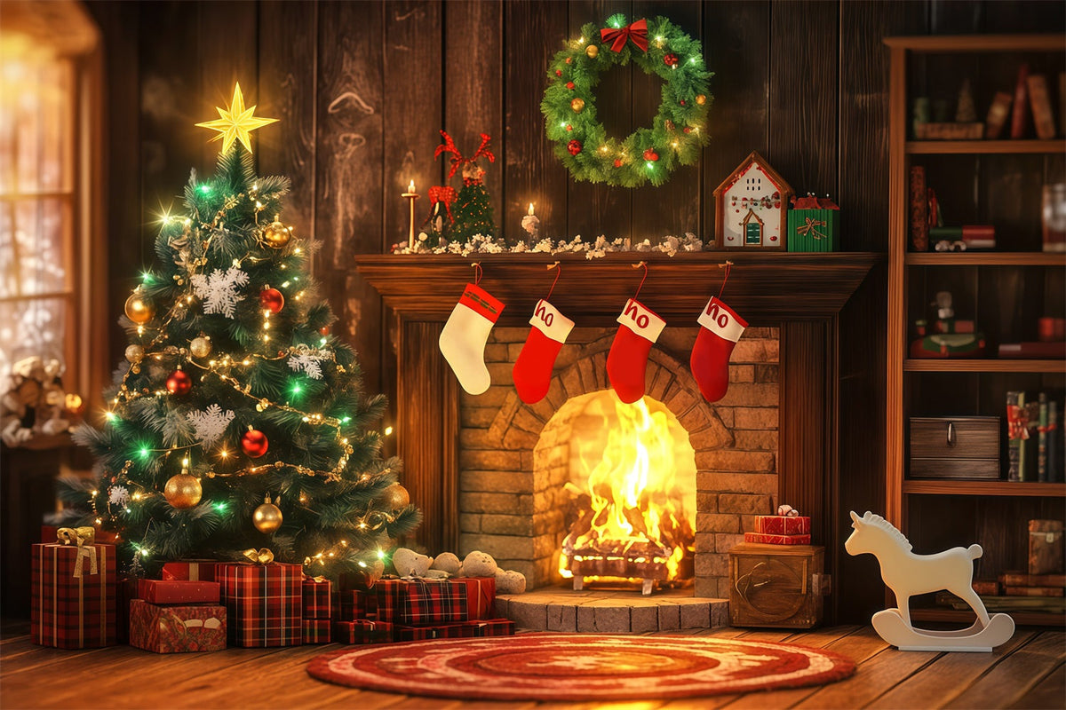 Weihnachtskamin-Hintergrund Gemütlicher Kamin-Strumpf-Glanz Weihnachtskulisse RR68-98