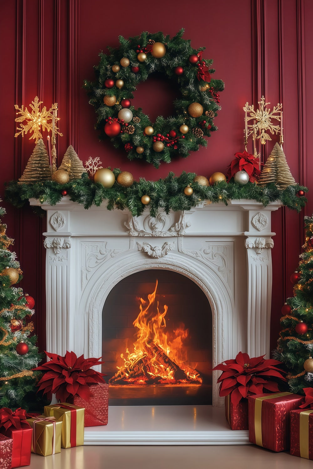 Kamin-Hintergrund Weihnachten Eleganter Purpurroter Kranz Für Den Kaminsims Weihnachtskulissen RR68-99