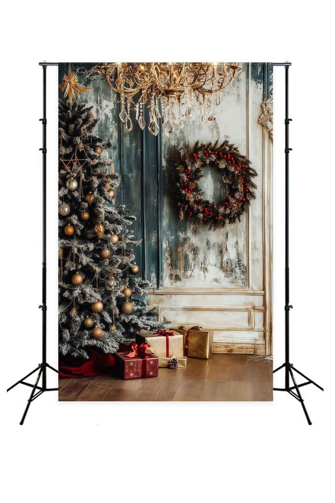 Weihnachts-Holzkulisse Eckkranz Aus Mattiertem Kronleuchter Weihnachts-Fotohintergründe RR69-1