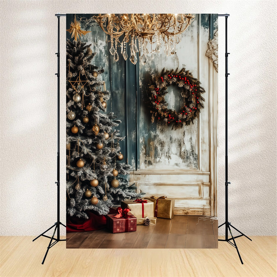 Weihnachts-Holzkulisse Eckkranz Aus Mattiertem Kronleuchter Weihnachts-Fotohintergründe RR69-1