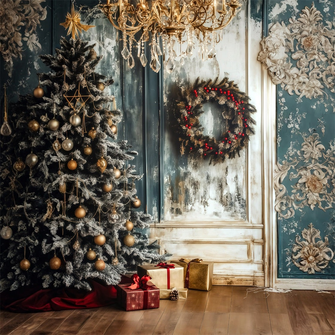 Weihnachts-Holzkulisse Eckkranz Aus Mattiertem Kronleuchter Weihnachts-Fotohintergründe RR69-1