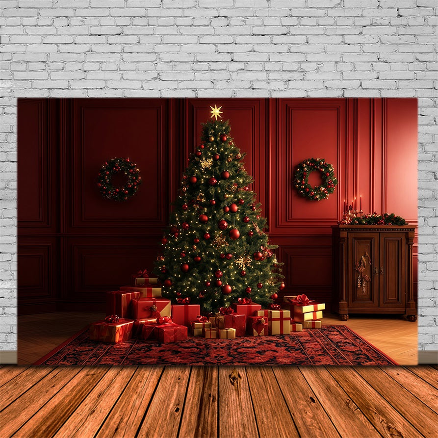 Roter Weihnachtshintergrund Geschenkezimmer Leuchtender Baum Große Weihnachtskulisse RR69-10