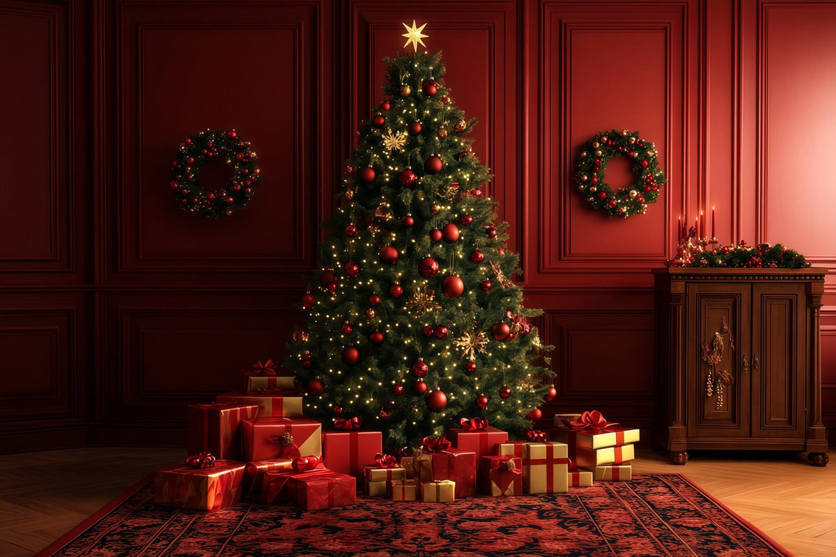 Roter Weihnachtshintergrund Geschenkezimmer Leuchtender Baum Große Weihnachtskulisse RR69-10