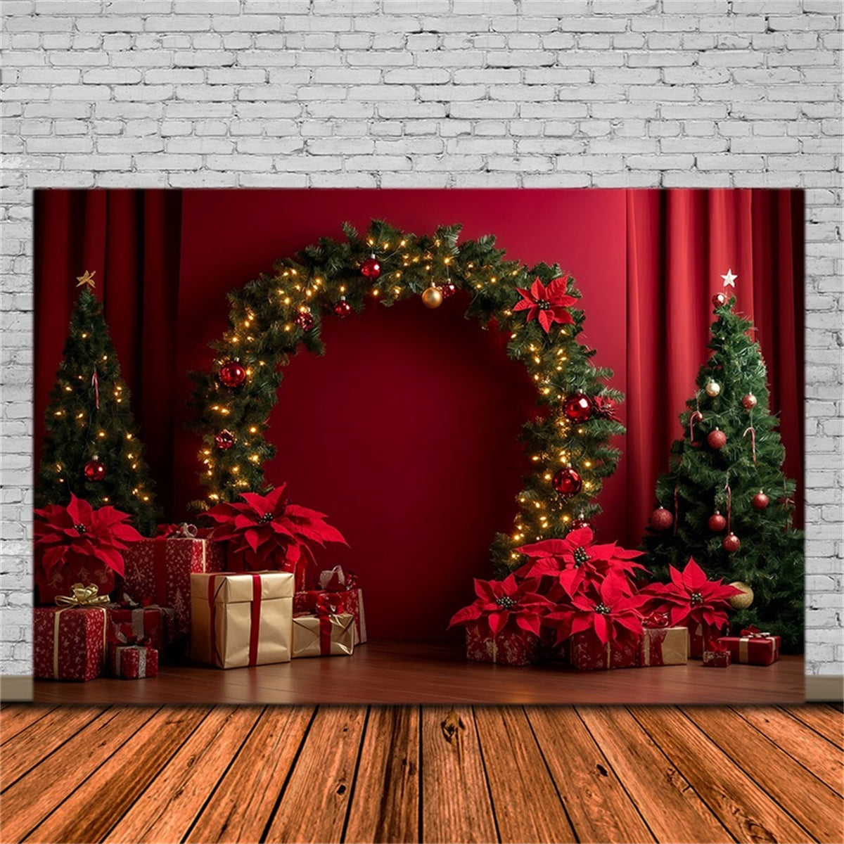 Roter Weihnachtshintergrund Weihnachtsstern-Girlandenbogen-Display Weihnachtshintergründe RR69-105